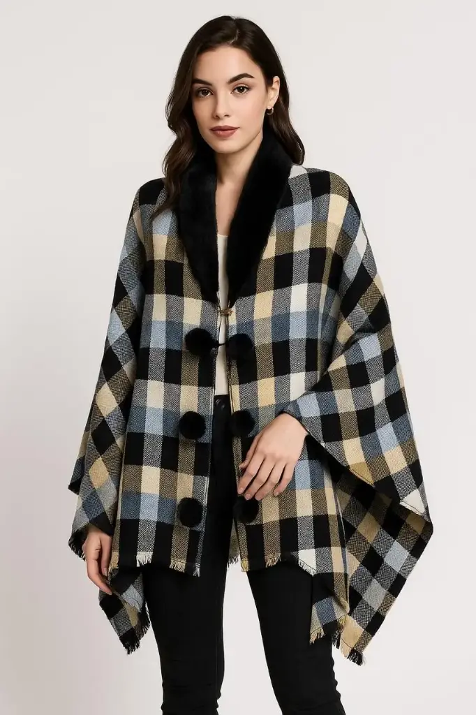 Women's Checkered Poncho With Faux Fur Collar
