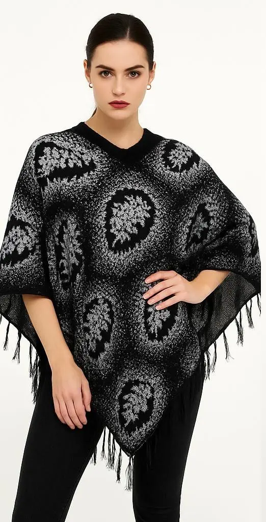Women's Black and Grey Floral Knit Poncho with Fringe