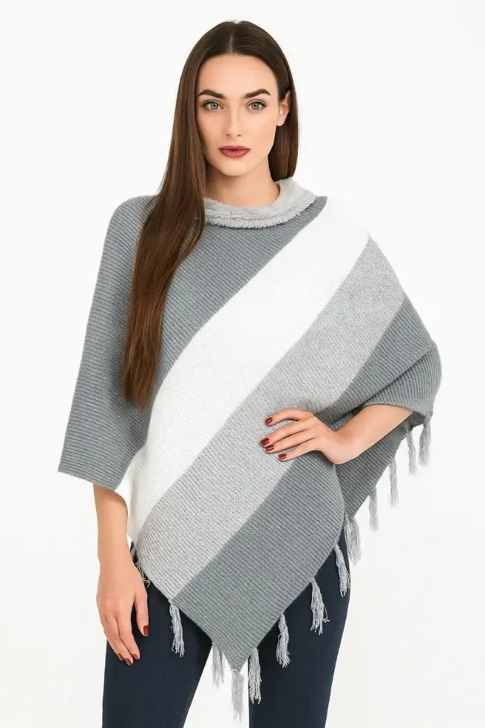 Women's Striped Knit Poncho with Tassel Hem