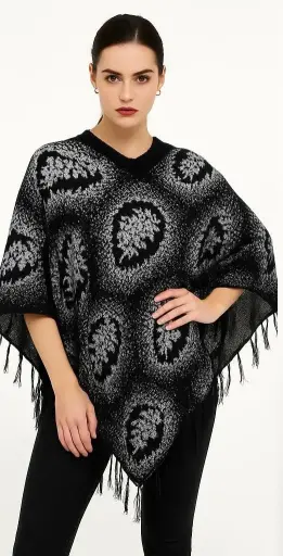 Women's Black and Grey Floral Knit Poncho with Fringe